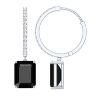 Natural 7X9mm Emerald Cut Black Onyx Hoop Drop Earrings with Diamond