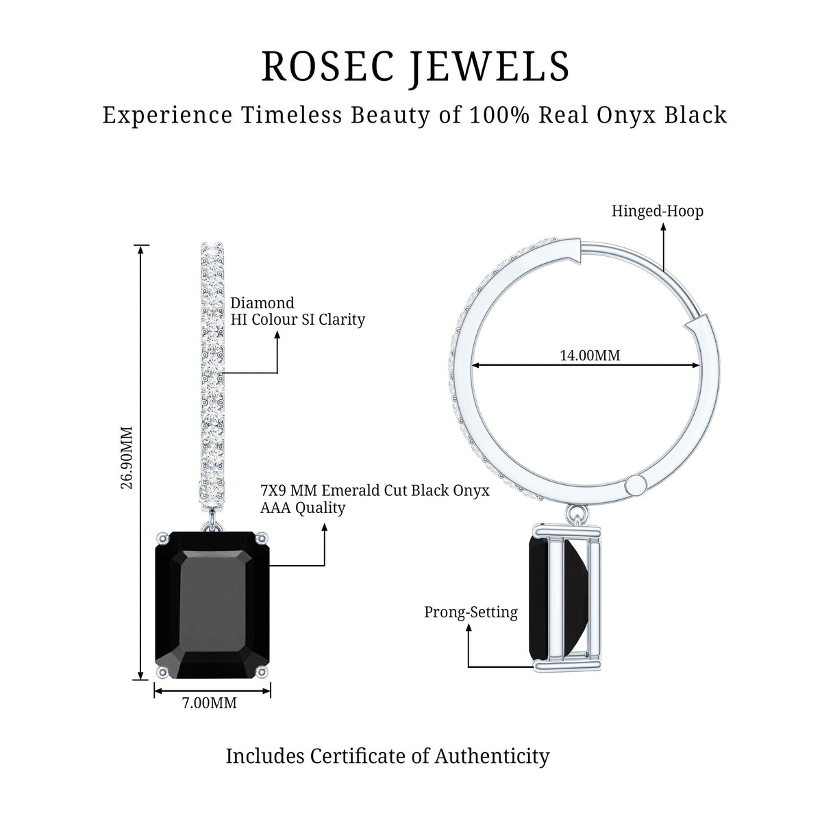 Natural 7X9mm Emerald Cut Black Onyx Hoop Drop Earrings with Diamond