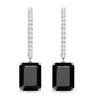 Natural 7X9mm Emerald Cut Black Onyx Hoop Drop Earrings with Diamond