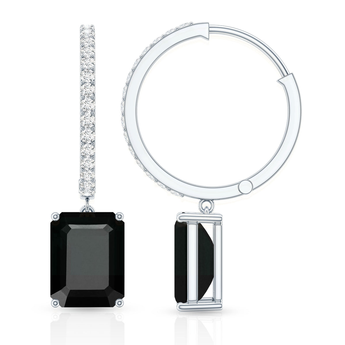 Natural 7X9mm Emerald Cut Black Onyx Hoop Drop Earrings with Diamond