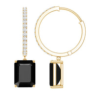 Natural 7X9mm Emerald Cut Black Onyx Hoop Drop Earrings with Diamond