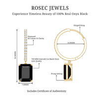 Natural 7X9mm Emerald Cut Black Onyx Hoop Drop Earrings with Diamond