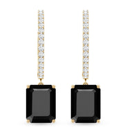 Natural 7X9mm Emerald Cut Black Onyx Hoop Drop Earrings with Diamond