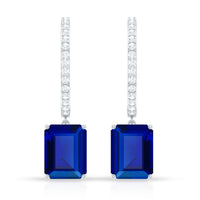 Emerald Cut Lab Created Blue Sapphire and Diamond Hoop Drop Earrings