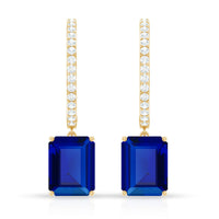 Emerald Cut Lab Created Blue Sapphire and Diamond Hoop Drop Earrings