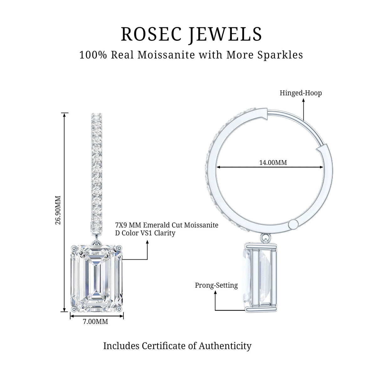 Certified 2.8 Carat Emerald Cut Moissanite Drop Hoop Earrings