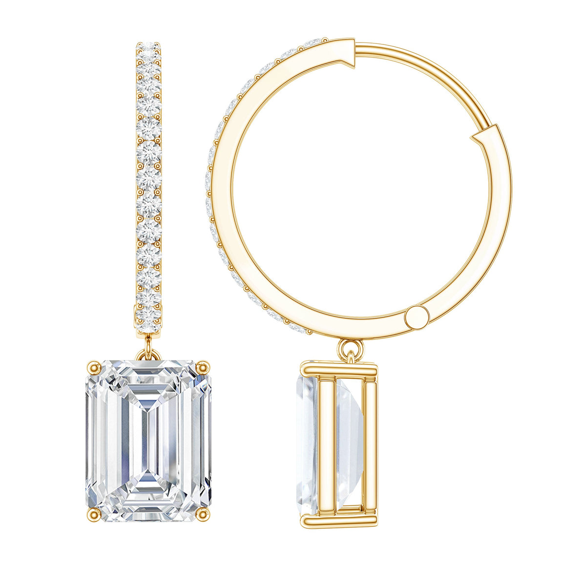 Certified 2.8 Carat Emerald Cut Moissanite Drop Hoop Earrings
