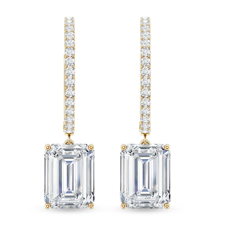 Certified 2.8 carat emerald cut moissanite drop hoop earrings by Rosec Jewels, showcasing elegant jewelry design.