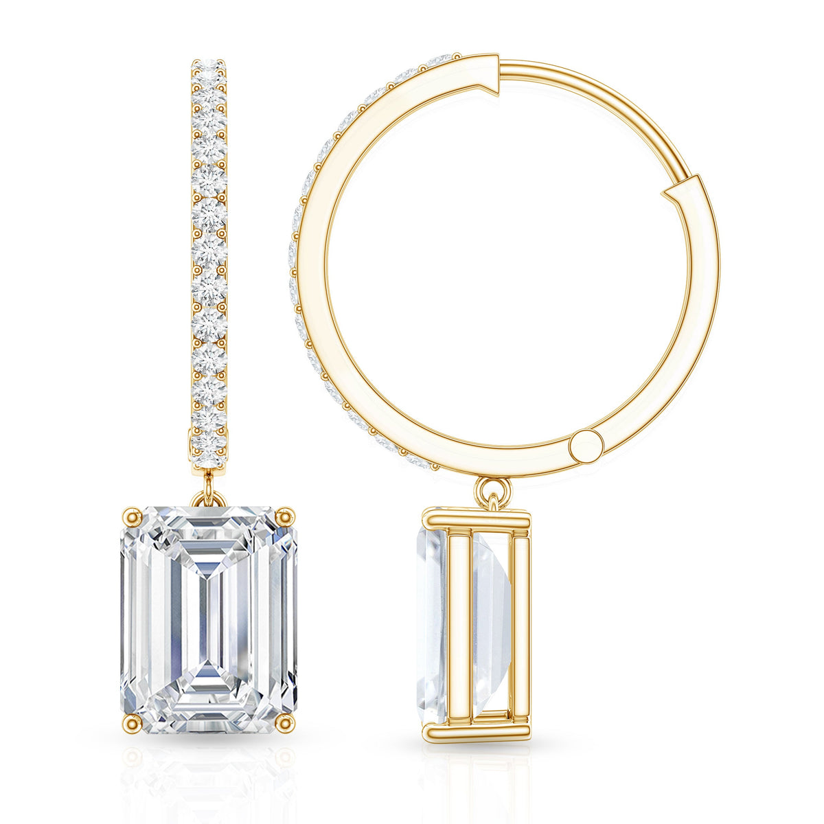 Certified 2.8 Carat Emerald Cut Moissanite Drop Hoop Earrings