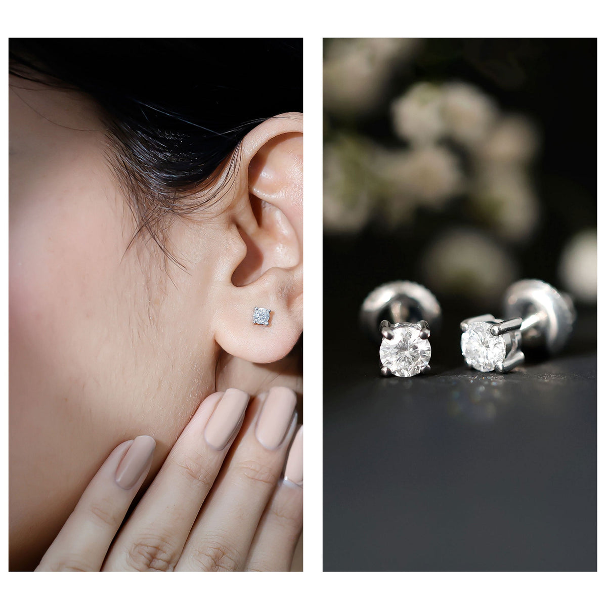 Sterling silver Moissanite half carat stud earrings with a simple, elegant design from Rosec Jewels.