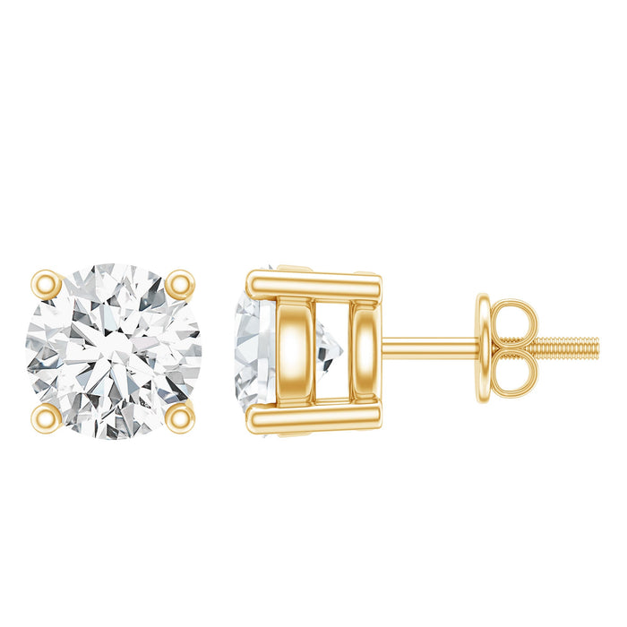 Round moissanite solitaire stud earrings in prong setting by Rosec Jewels, showcasing sparkling gemstone and elegant metal posts.