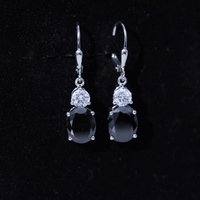 Oval lab-grown black diamond drop earrings in silver, featuring 8 carats, from Rosec Jewels.