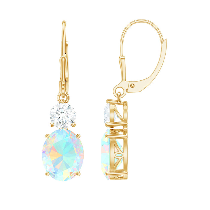 Certified 8x10mm oval Ethiopian opal drop earrings with moissanite accents, crafted by Rosec Jewels.