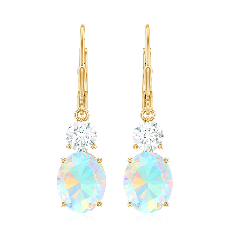 Ethiopian opal drop earrings with 8x10mm oval stones and moissanite accents, crafted by Rosec Jewels.