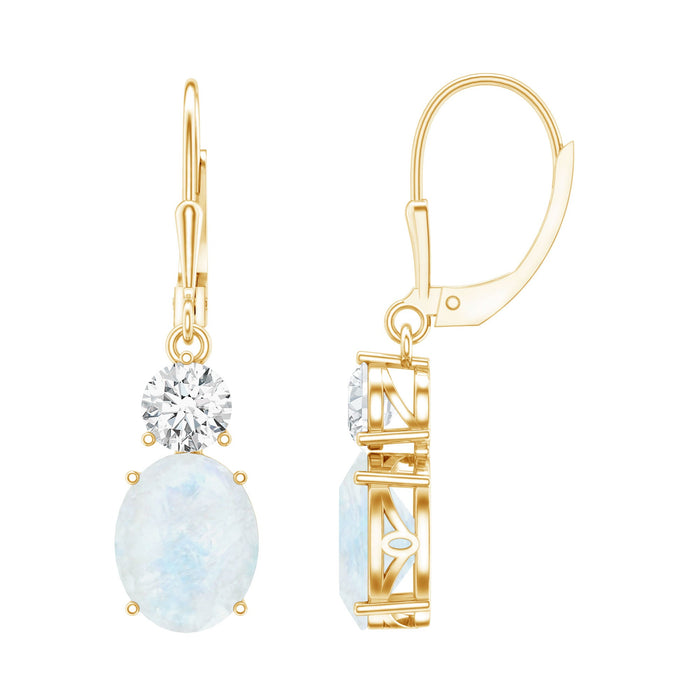 Natural 1.2 carat oval moonstone drop earrings with sparkling moissanite stones by Rosec Jewels, showcasing elegant jewelry design.
