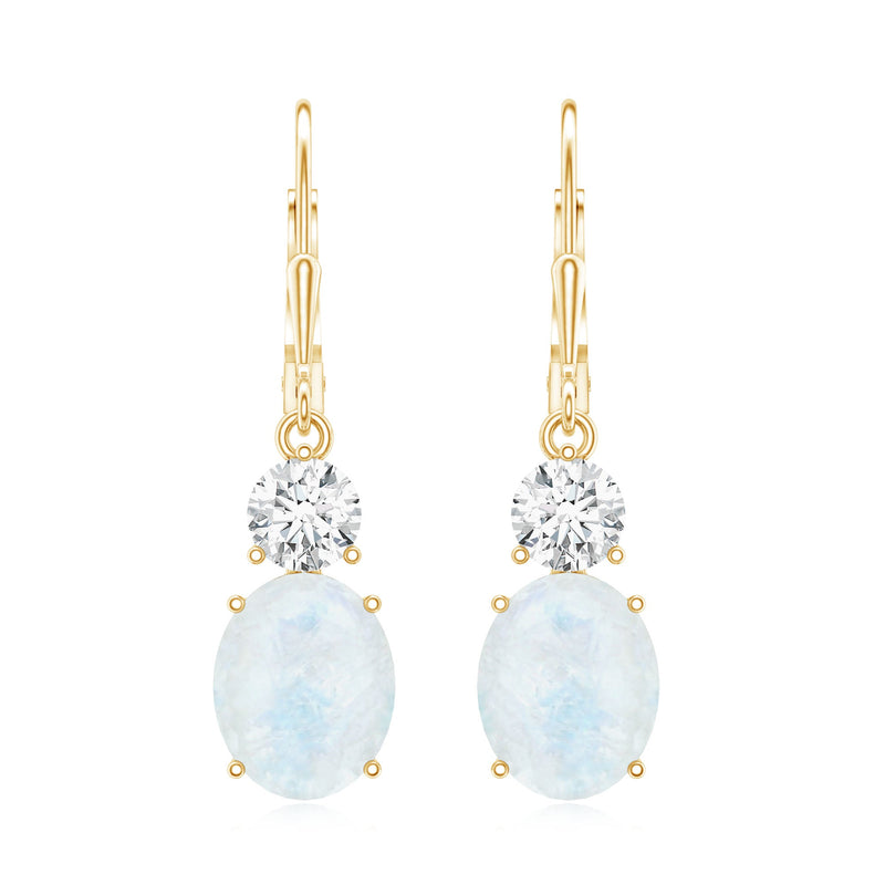 Natural 1.2 Carat oval moonstone drop earrings with moissanite accents by Rosec Jewels, showcasing elegant jewelry design.