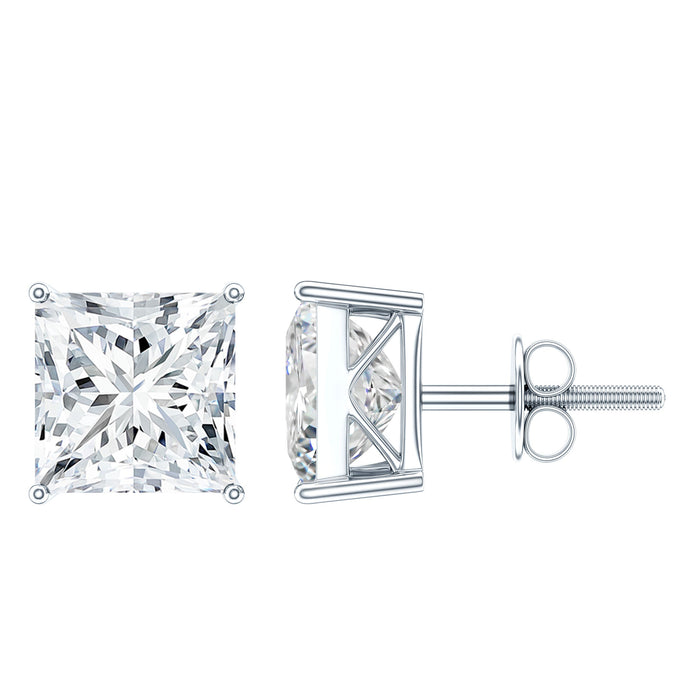Six-carat princess cut cubic zirconia solitaire stud earrings in silver by Rosec Jewels, featuring sparkling gemstone and polished finish.