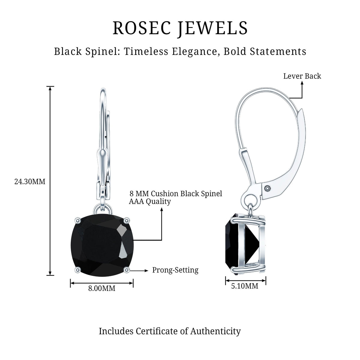Genuine 8mm Cushion Cut Black Spinel Drop Earrings Lever Back