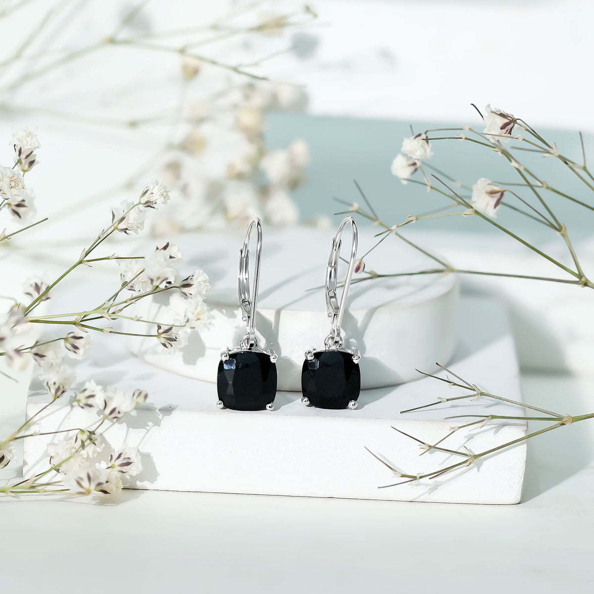 Genuine 8mm Cushion Cut Black Spinel Drop Earrings Lever Back