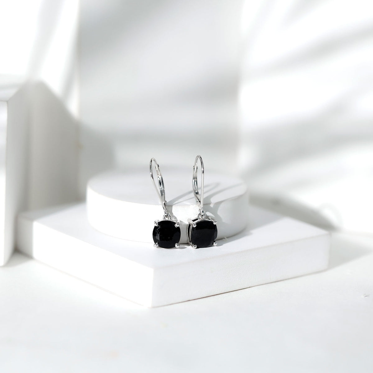 Genuine 8mm Cushion Cut Black Spinel Drop Earrings Lever Back