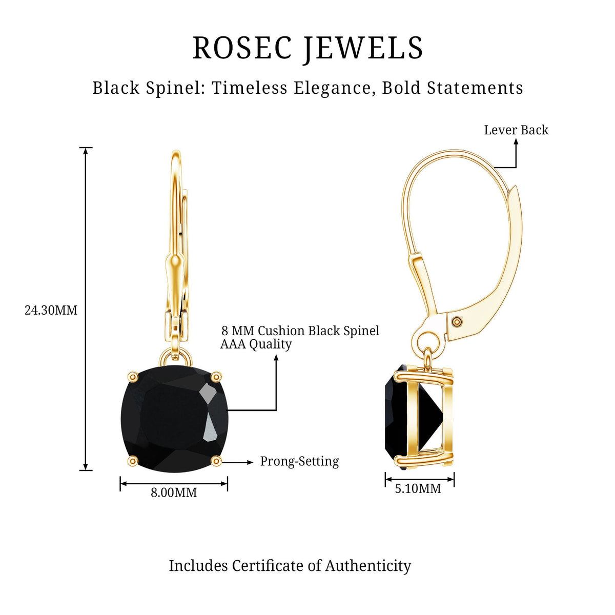 Genuine 8mm Cushion Cut Black Spinel Drop Earrings Lever Back