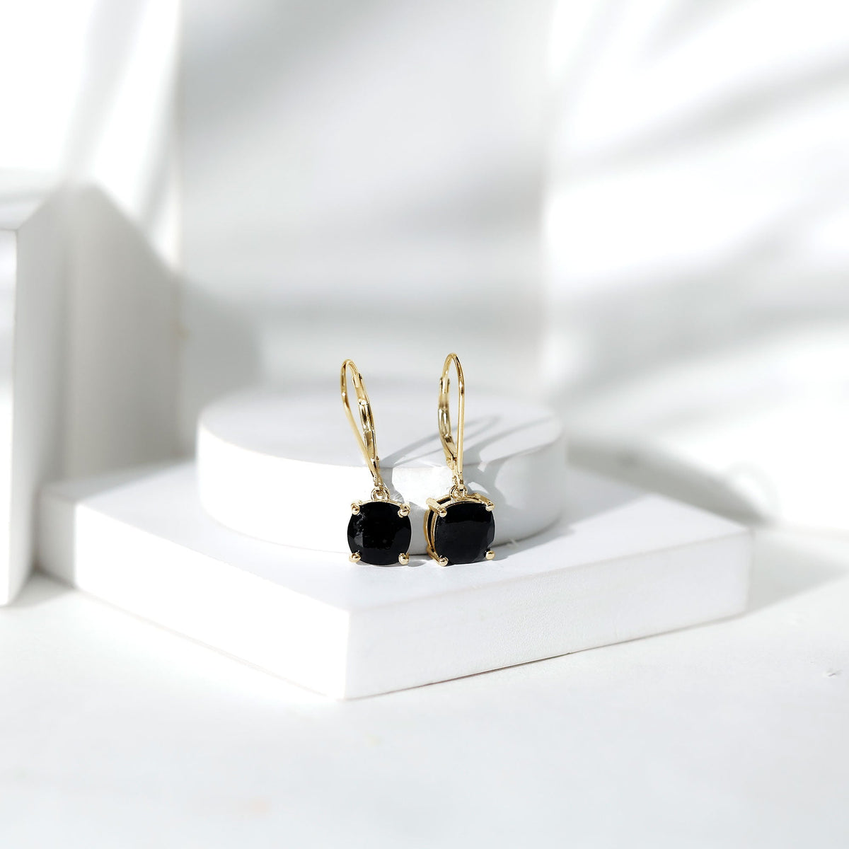 Genuine 8mm Cushion Cut Black Spinel Drop Earrings Lever Back