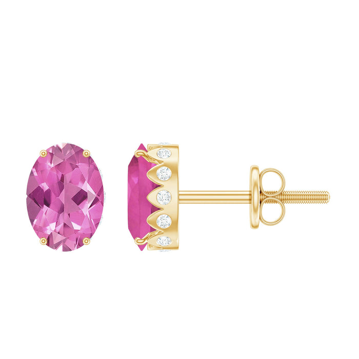 Real 2 carat oval pink tourmaline stud earrings with diamonds, crafted by Rosec Jewels, featuring vibrant pink gemstones and sparkling accents.