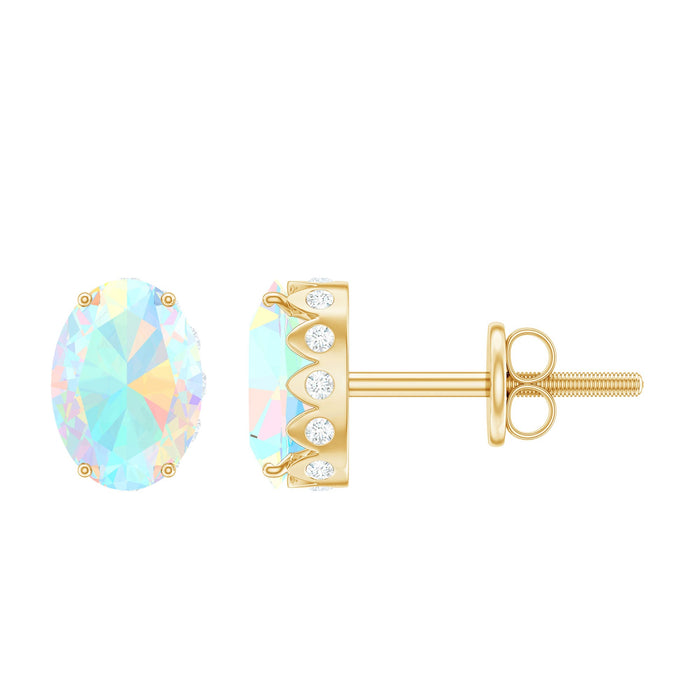 Natural 6x8mm oval Ethiopian opal stud earrings with diamonds from Rosec Jewels, showcasing elegant gemstone jewelry.