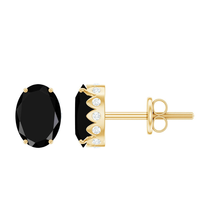 Oval black onyx earrings with diamond accents, crafted by Rosec Jewels, featuring 6x8mm teardrop-shaped stones.