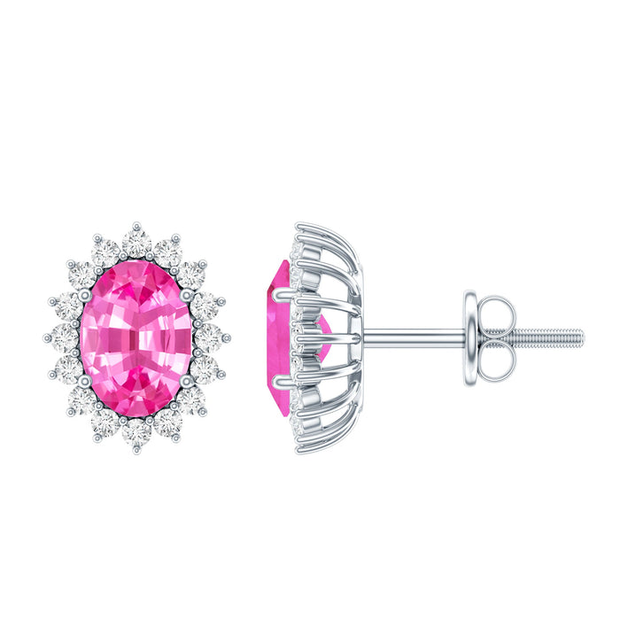 Rosec Jewels 2 Carat lab-grown pink sapphire stud earrings with halo setting, showcasing sparkling pink sapphires and elegant design.