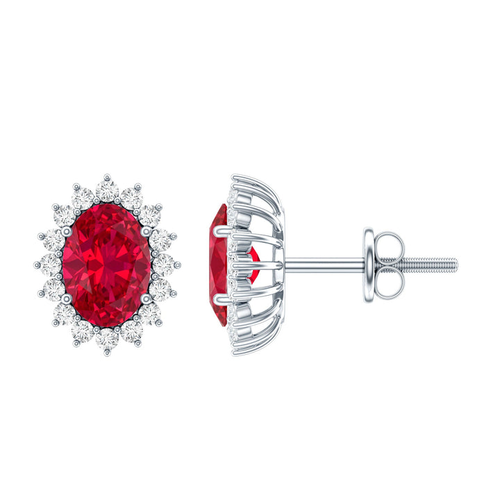 Oval cut lab grown ruby stud earrings with moissanite halo from Rosec Jewels, showcasing sparkling red rubies and brilliant stones.
