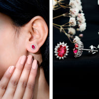 2 Carat Oval Cut Lab Grown Ruby Stud Earrings with Moissanite Halo