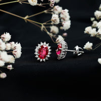 2 Carat Oval Cut Lab Grown Ruby Stud Earrings with Moissanite Halo
