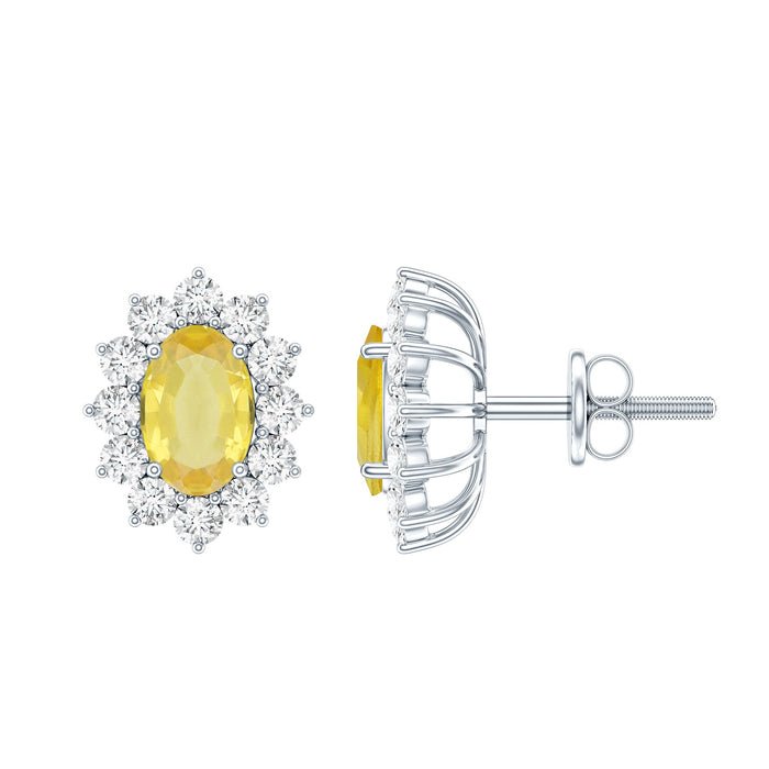 Two carat lab-grown yellow sapphire stud earrings with halo setting by Rosec Jewels, showcasing sparkling yellow sapphires and elegant design.