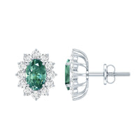 2 Carat Lab Grown Green Sapphire Stud Earrings with Halo