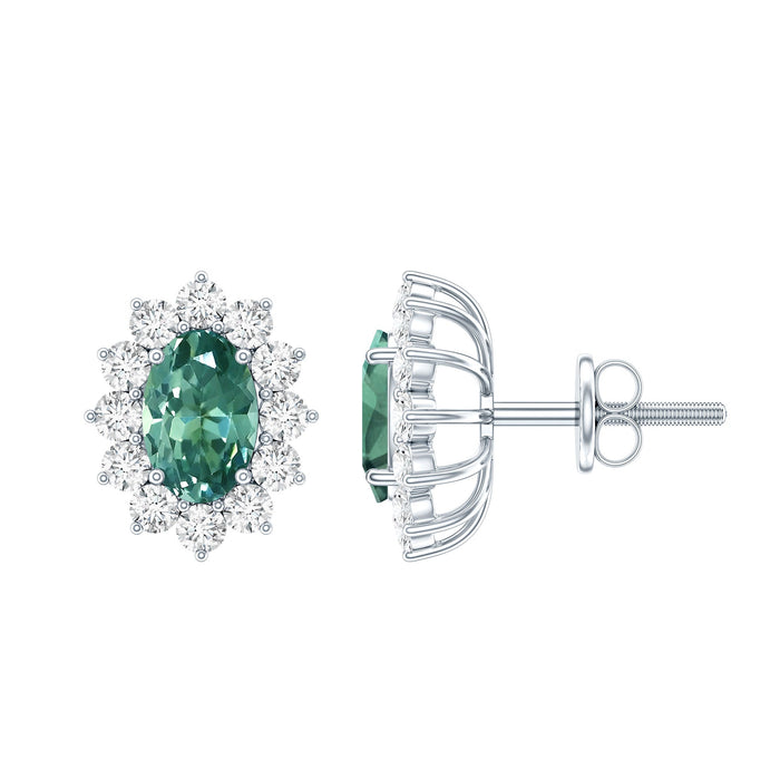 Two carat lab-grown green sapphire stud earrings with halo setting from Rosec Jewels, showcasing sparkling green sapphires and elegant design.