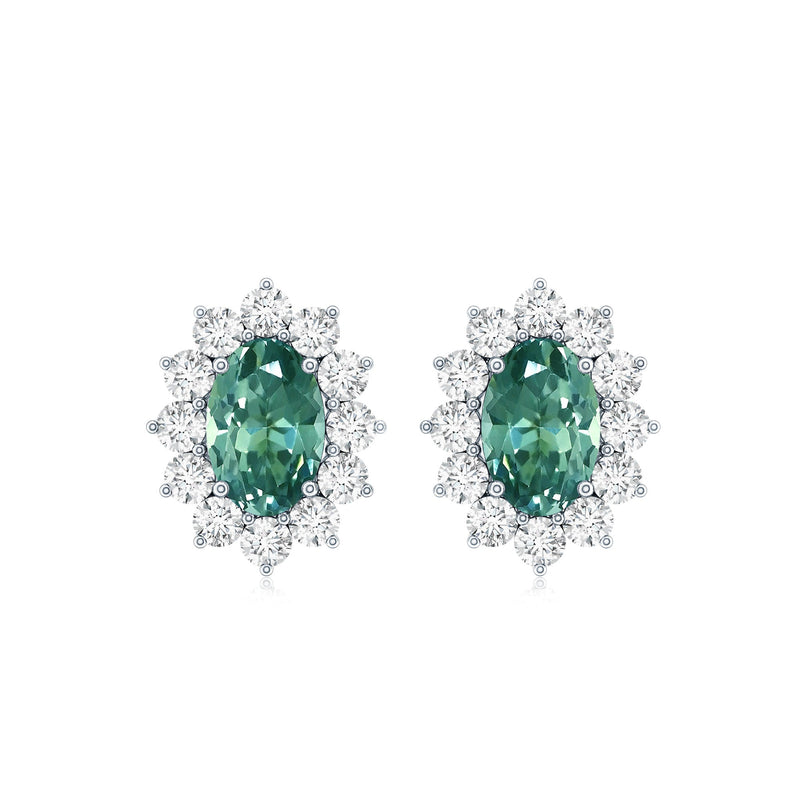 Rosec Jewels 2 Carat Lab Grown Green Sapphire Stud Earrings with Halo design, featuring sparkling green sapphires and a delicate halo setting.