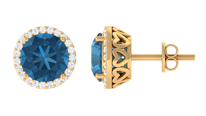 London Blue Topaz stud earrings with diamond halo from Rosec Jewels, showcasing sparkling blue topaz stones and elegant design.