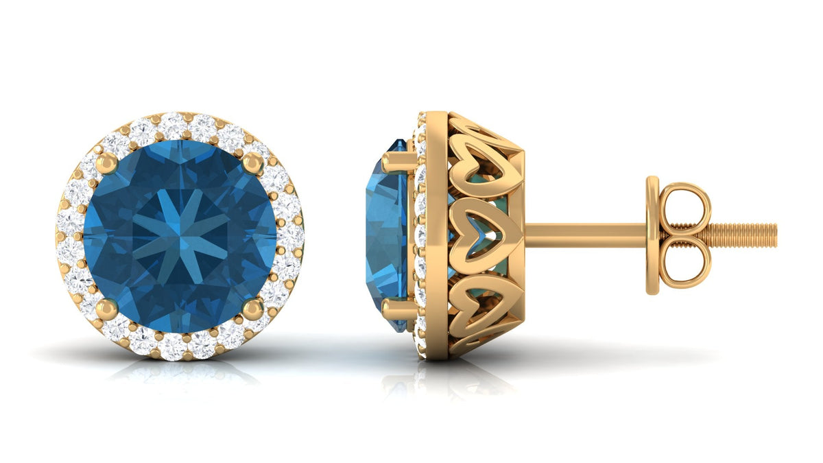 London Blue Topaz Stud Earrings with Diamond Halo