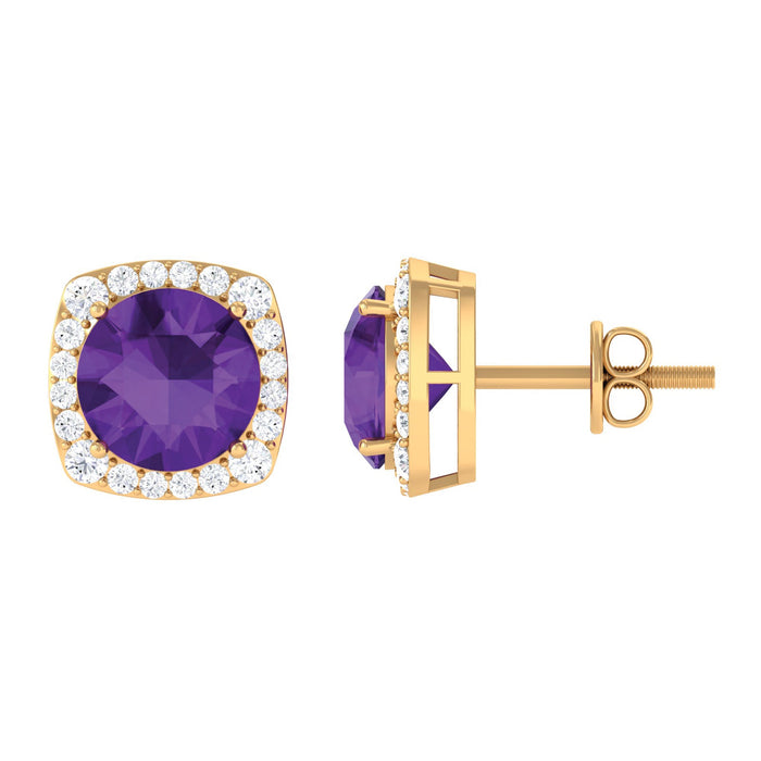 Rosec Jewels classic round amethyst halo stud earrings with sparkling diamonds on a white background.