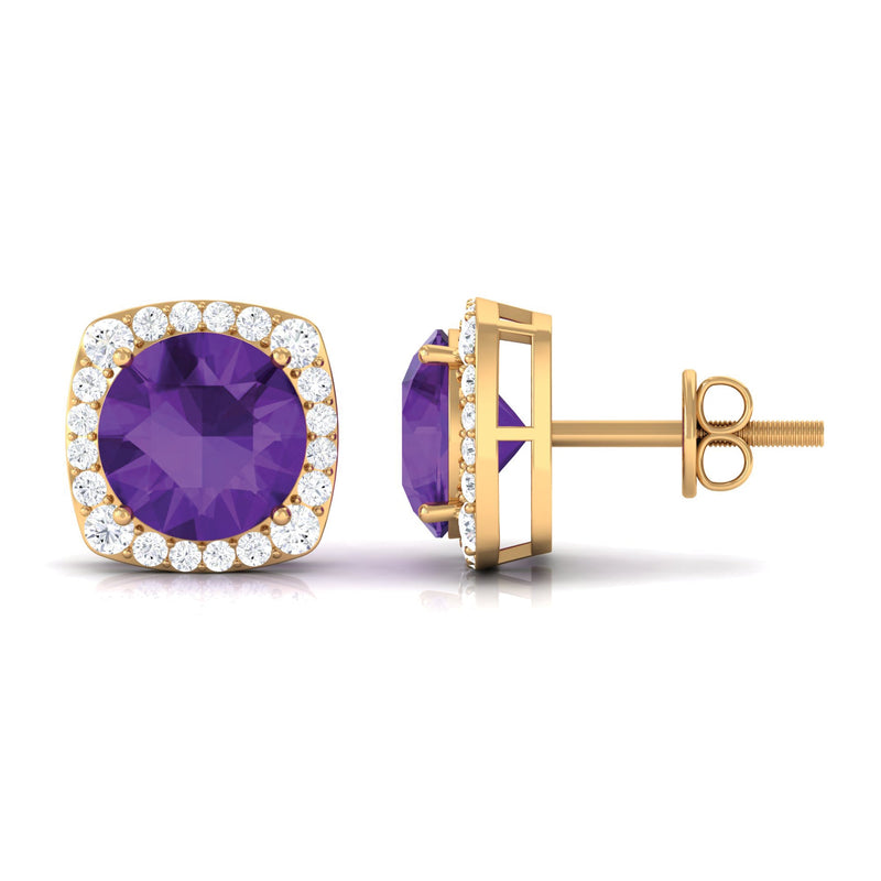 Rosec Jewels classic round amethyst halo stud earrings with diamond accents, showcasing elegant gemstone and sparkle design.