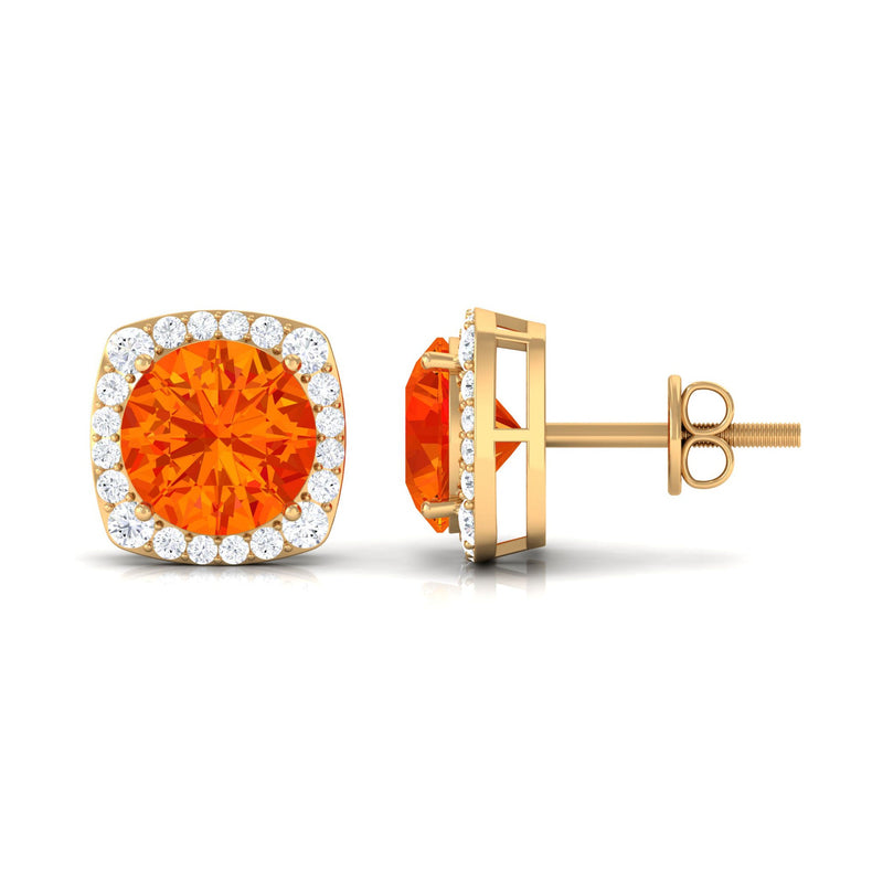 Lab-created orange sapphire and diamond stud earrings by Rosec Jewels featuring vibrant orange stones and sparkling diamonds.
