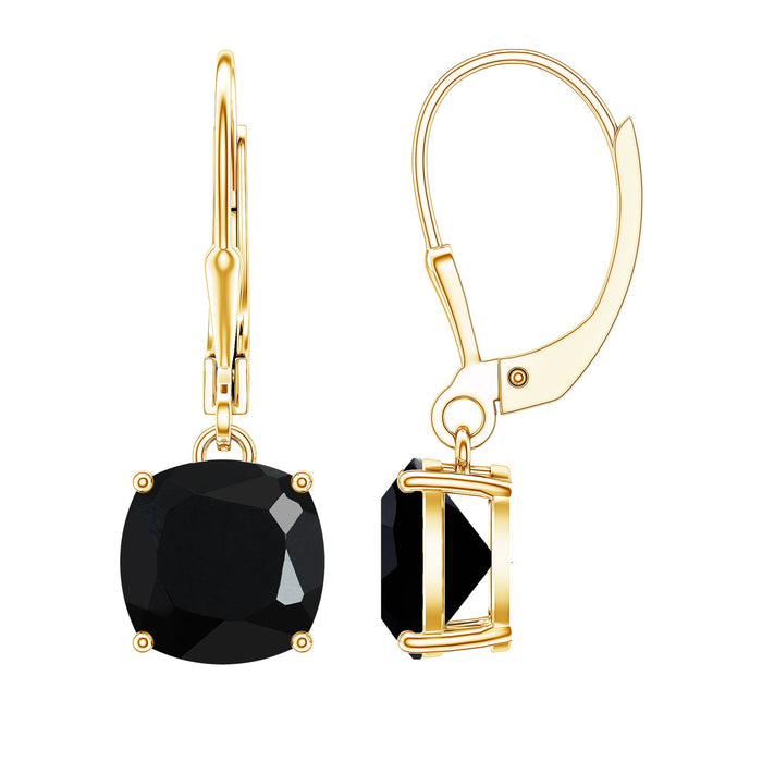 Black onyx solitaire drop earrings with lever back closure by Rosec Jewels, featuring elegant black gemstone settings.