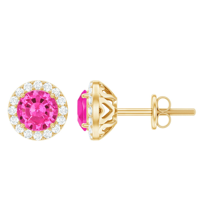 Rosec Jewels lab-created pink sapphire and diamond halo stud earrings with sparkling gemstones and polished metal setting.