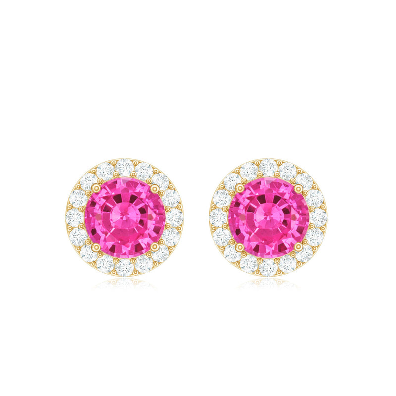 Rosec Jewels lab created pink sapphire and diamond halo stud earrings showcasing vibrant pink sapphires and sparkling diamonds.