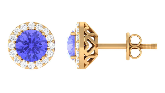 Real Tanzanite halo stud earrings with diamonds from Rosec Jewels, featuring vibrant purple-blue tanzanite stones and sparkling diamond accents.