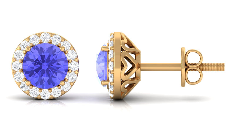 Rosec Jewels real Tanzanite halo stud earrings with sparkling diamonds, featuring vibrant purple-blue gemstones and elegant design