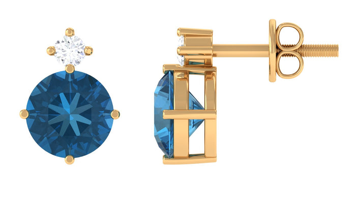 London Blue Topaz solitaire stud earrings with diamond accents by Rosec Jewels, showcasing elegant jewelry design.