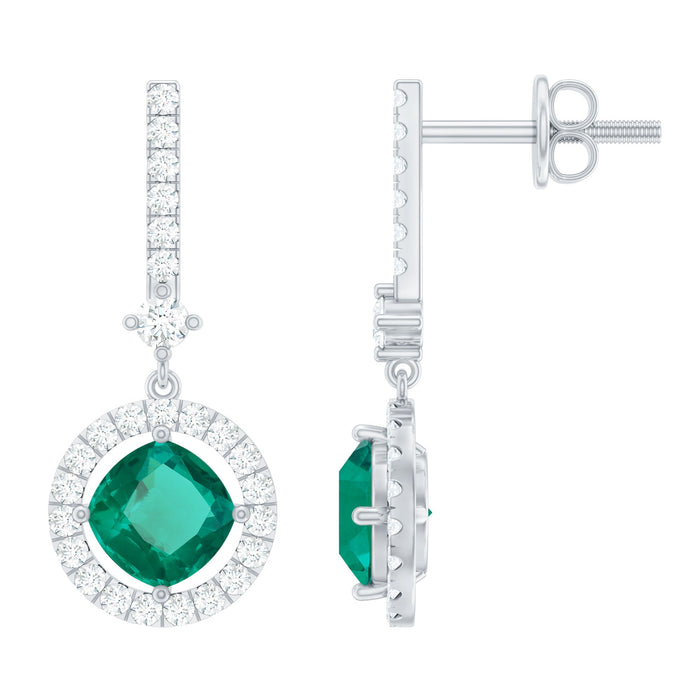 Elegant 1.8 carat lab-grown emerald drop earrings with sparkling moissanite accents by Rosec Jewels, showcasing intricate jewelry design.