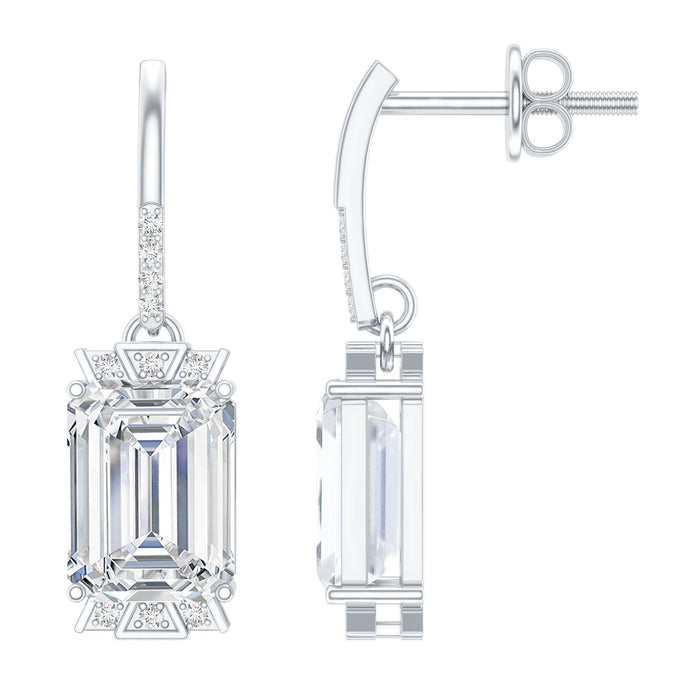 Emerald cut 3.5 carat Moissanite drop earrings for women by Rosec Jewels, featuring sparkling gemstone dangles.